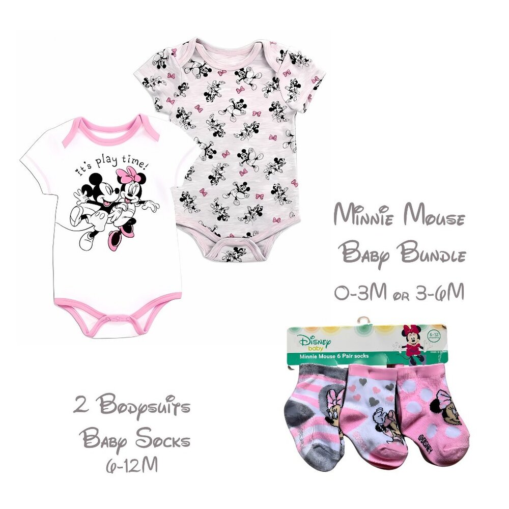 Minnie Mouse Baby Girls 2-Pack Bodysuits With 3 Pair Matching Baby Socks Disney